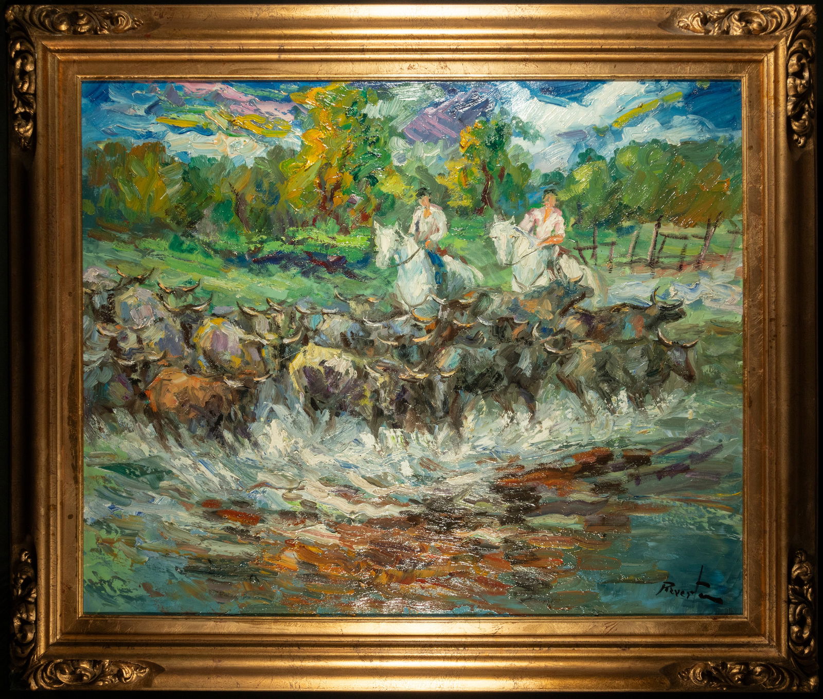 JUAN ANTONIO REVERTE OLIVA (Murcia, 1943 – Barcelona, ??2014) - The herd in the river: Oil on canvas. Measurements: 81 x 100 cm.