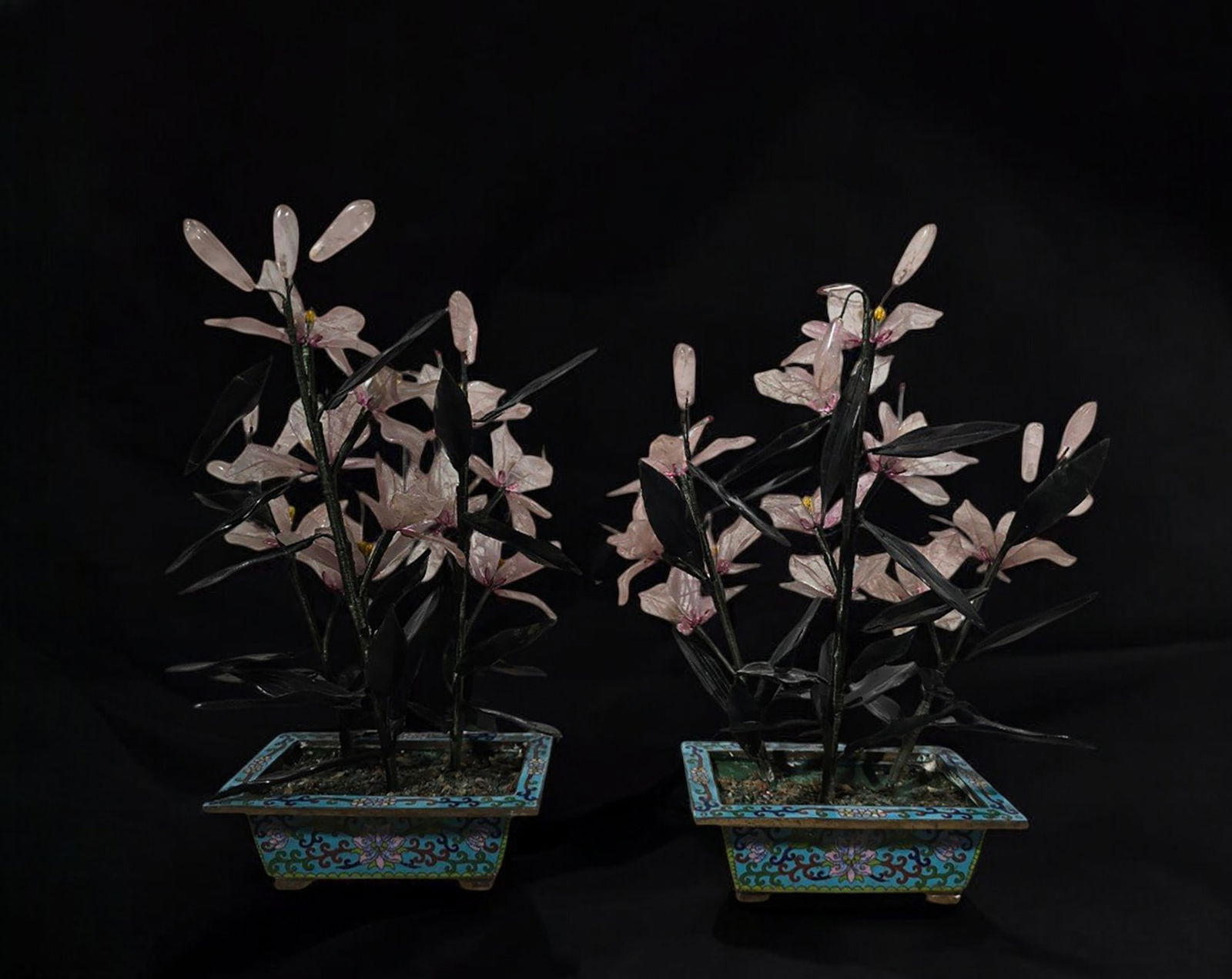 Pair of bonsai trees in agate, crystal and nephrite jade, France, 1950s (1 of 5)