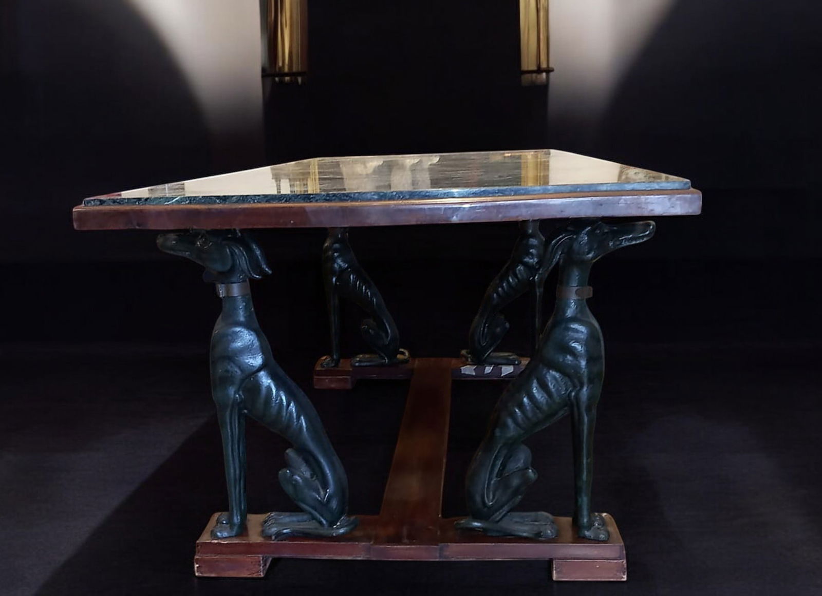Rectangular table with four-legged base and veined marble top, Italy, 20th century: Carved wood, polychrome iron, and green veined marble top. Measurements: 78 x 207 x 90 cm.
