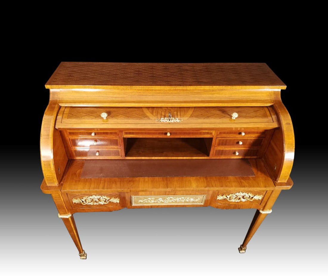 19th century cylindrical desk in Louis XVI style marquetry, 19th century (1 of 14)