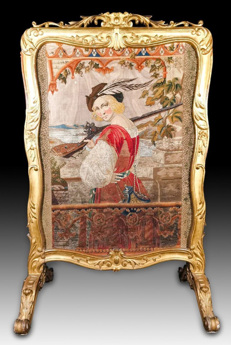 Louis XV period fireplace screen in giltwood and abusson, 18th century (1 of 8)