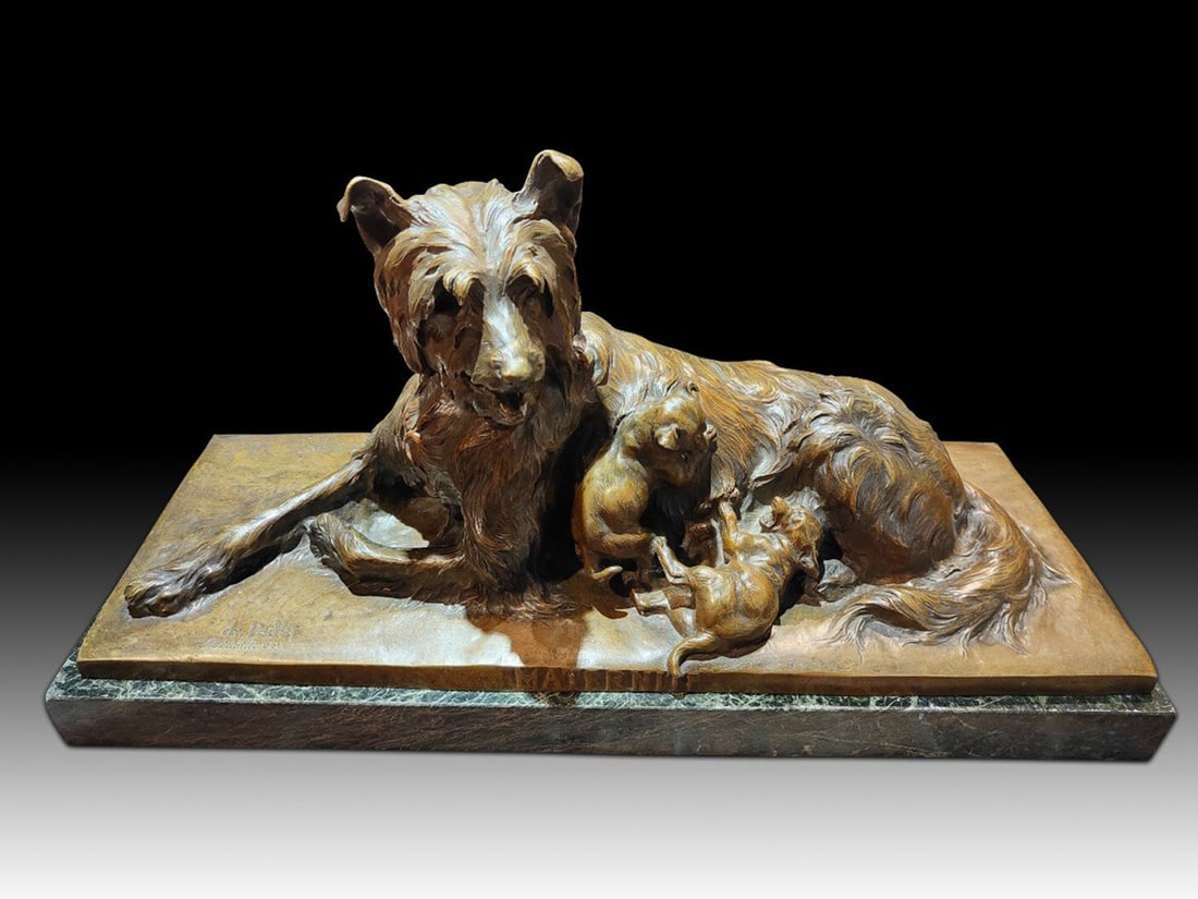 Life-Size Bronze Dog Charles Paillet (French, 1871-1937), 19th Century French School: Charles Paillet (French, 1871-1937) Bronze figure of a bitch with two puppies, Maternite, The reclining bitch with two hungry puppies, dark brown patina, incised artist's signature. Gold Medal and 584