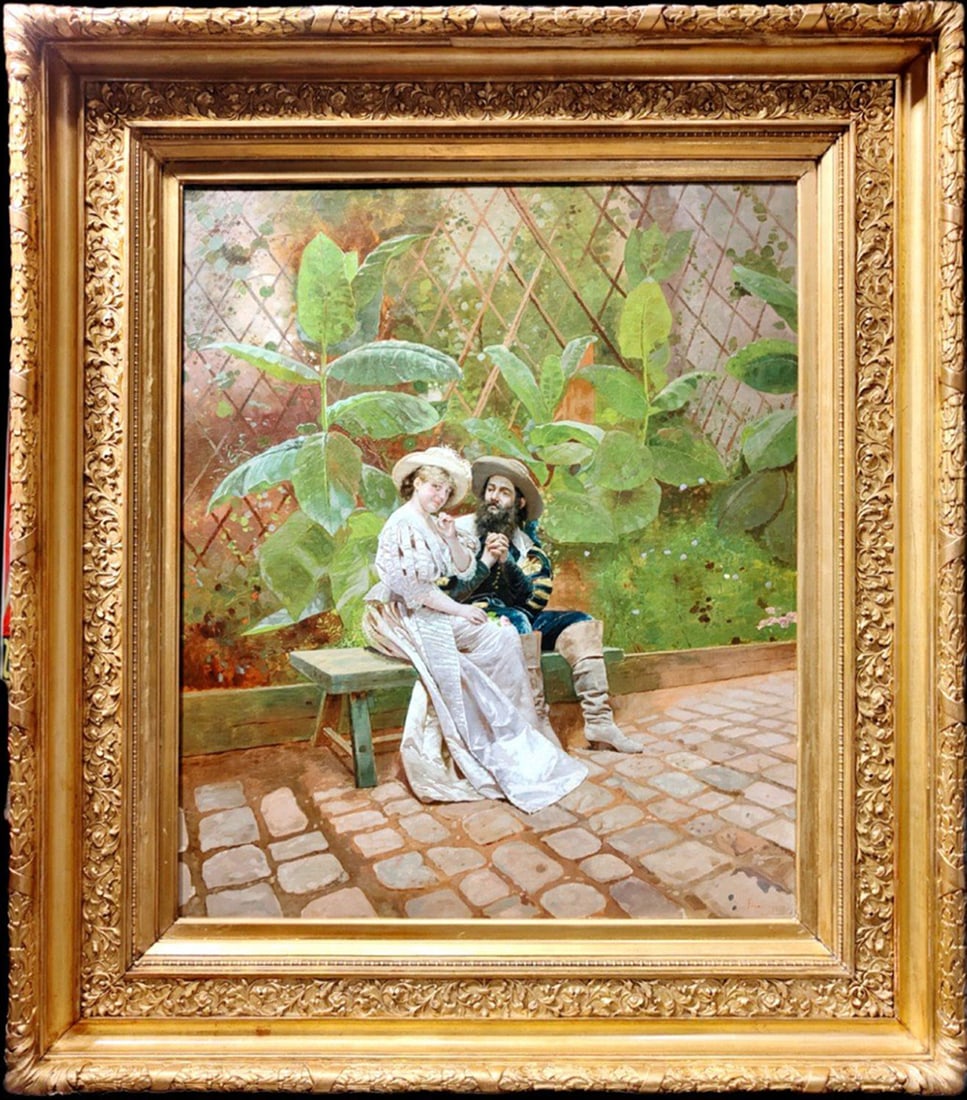 Large Canvas by Giovanni Battista Filosa, 18th century Italian school: LARGE OIL ON CANVAS BY GIOVANNI BATTISTA FILOSA. ROMANTIC OIL PICTURE OF THE XIX CENTURY SIGNED FILOSA. THE QUALITY AND CHROMATIC GAIN MUCH MORE VIBRANT THAN IN THE PHOTOS. THE FRAME IS THE ORIGINAL,
