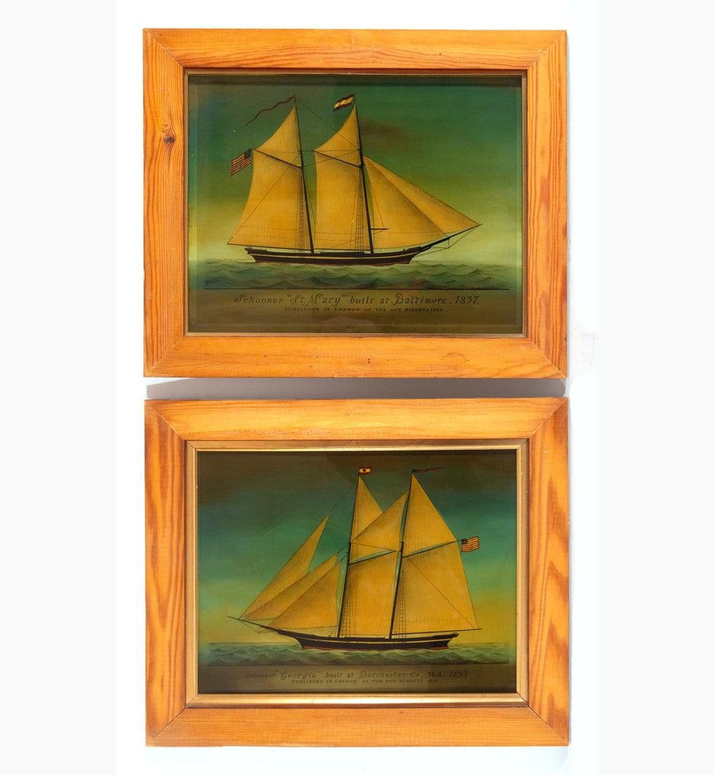 Pair of Sailboats "Georgia" and "St Mary" painted on glass, 19th century English school: Measurements: 36 x 28 cm, framed measurements: 43 x 36 cm