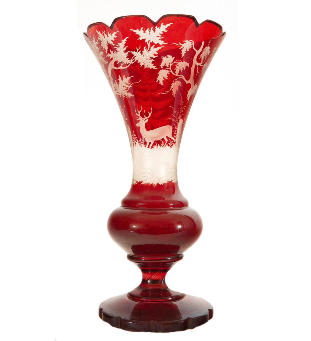 Bohemian crystal vase with deer motifs, 19th century (1 of 3)