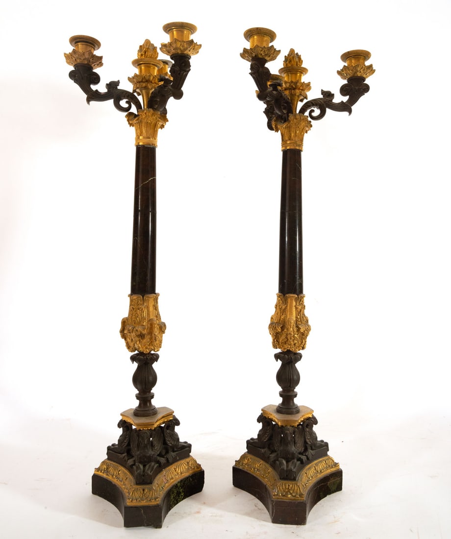 Pair of Candlesticks in Pink Marble, gilt bronze and Empire style patination, 19th century (1 of 1)