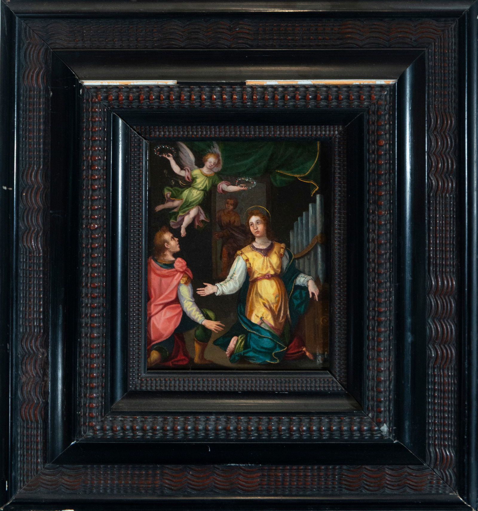 Saint Cecilia Crowned, 17th-century Italian-Flemish master: Oil on copper. Dimensions: unframed 23 x 18 cm; framed 46 x 41 cm. A refined religious scene depicting Saint Cecilia, patron saint of music, alongside her husband, Saint Valerian, kneeling before her.