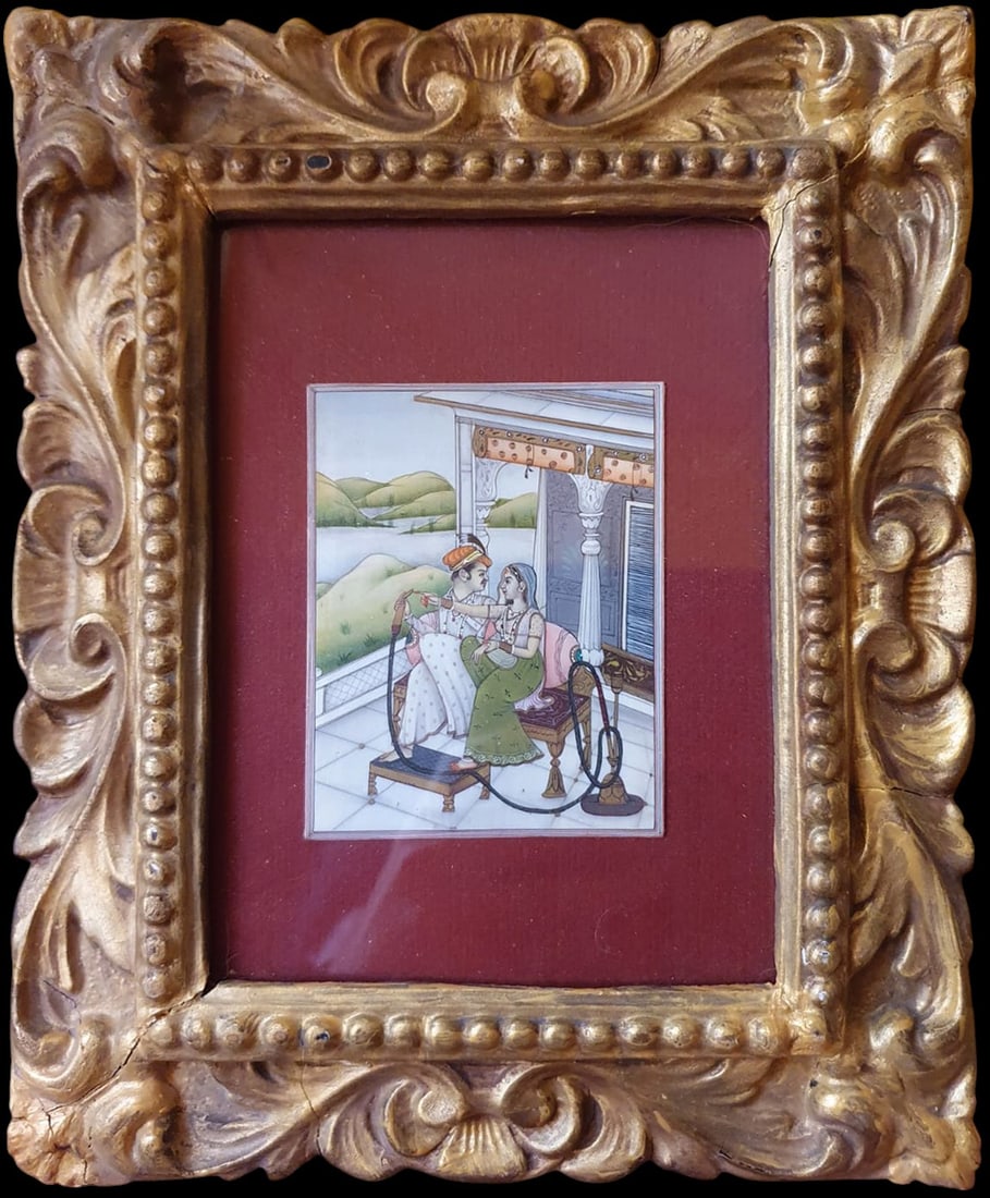 19th century Indian colonial Mughal miniature of lovers smoking a pipe (1 of 1)