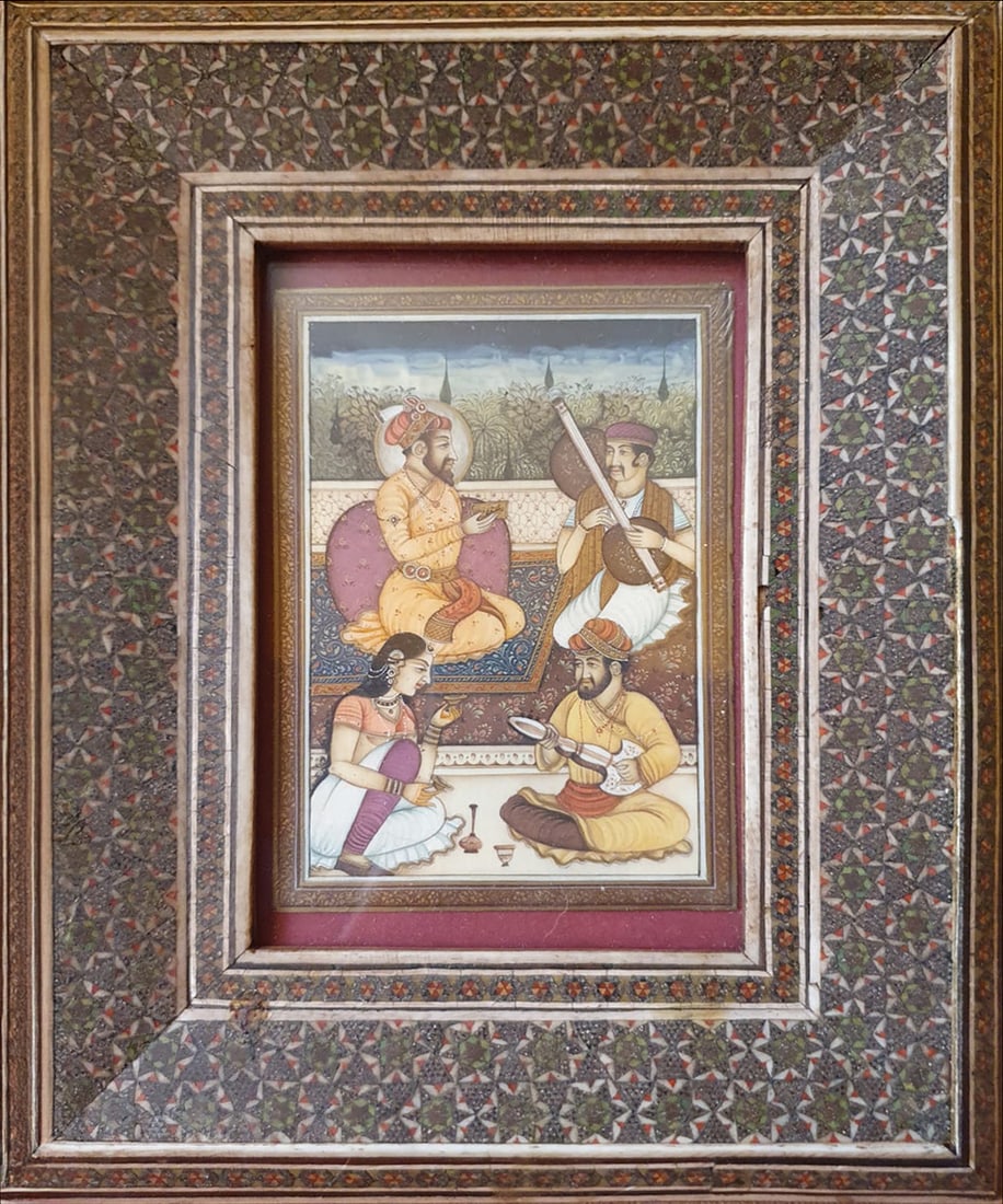 19th century Indian colonial Mughal miniature of Sultan with marquetry frame (1 of 3)