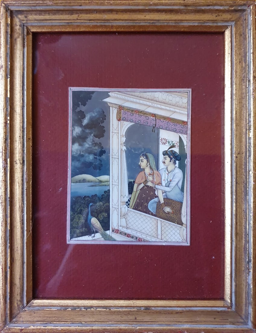 19th century Indian colonial Mughal miniature of a pair of lovers with a peacock (1 of 1)