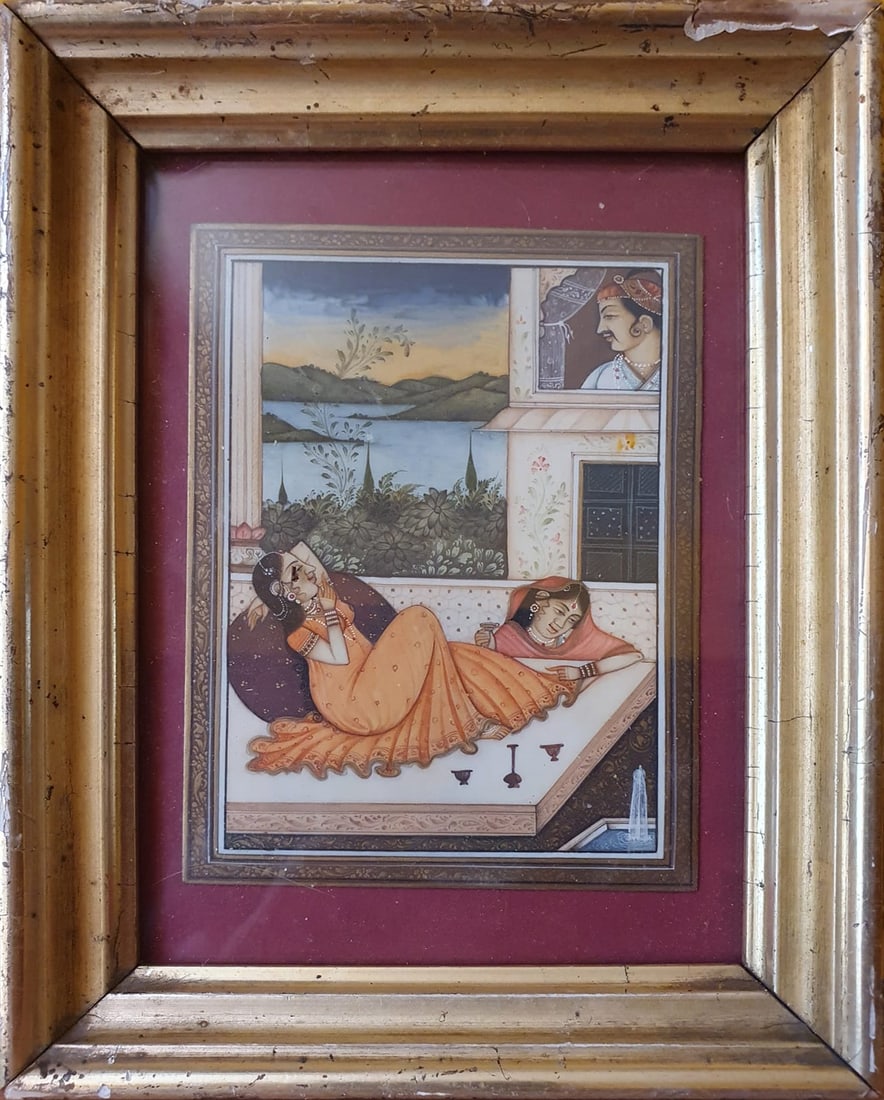19th century Indian colonial Mughal miniature of a pair of courtesans with a prince (1 of 1)
