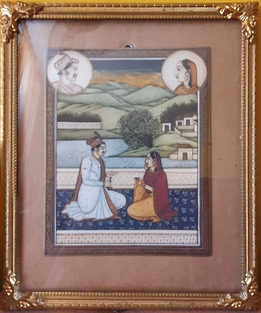19th century Indian colonial Mughal miniature with a pair of lovers (1 of 3)