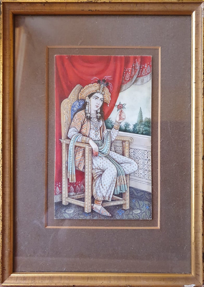 19th Century Indian Colonial Mughal Miniature with Princess on Throne (1 of 2)