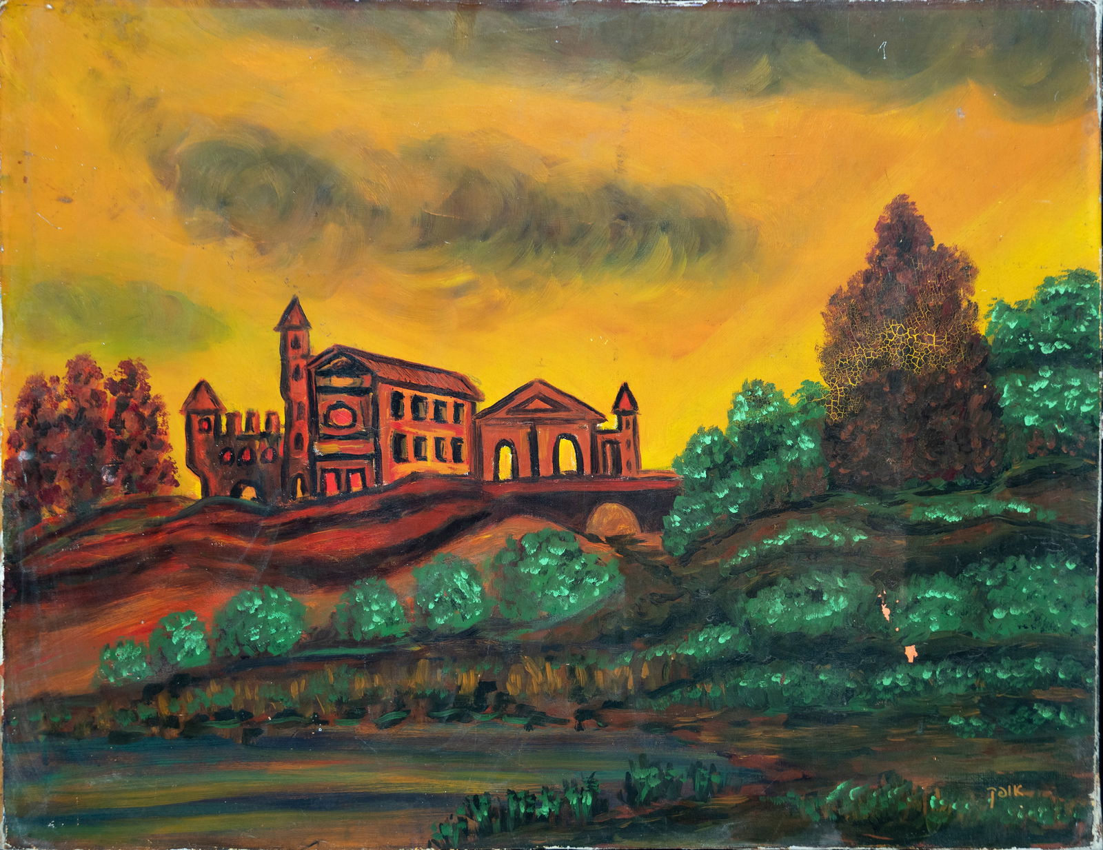 View of a Village, oil on canvas glued to a board, Avraham Ofek, Israeli, 20th century (1 of 8)