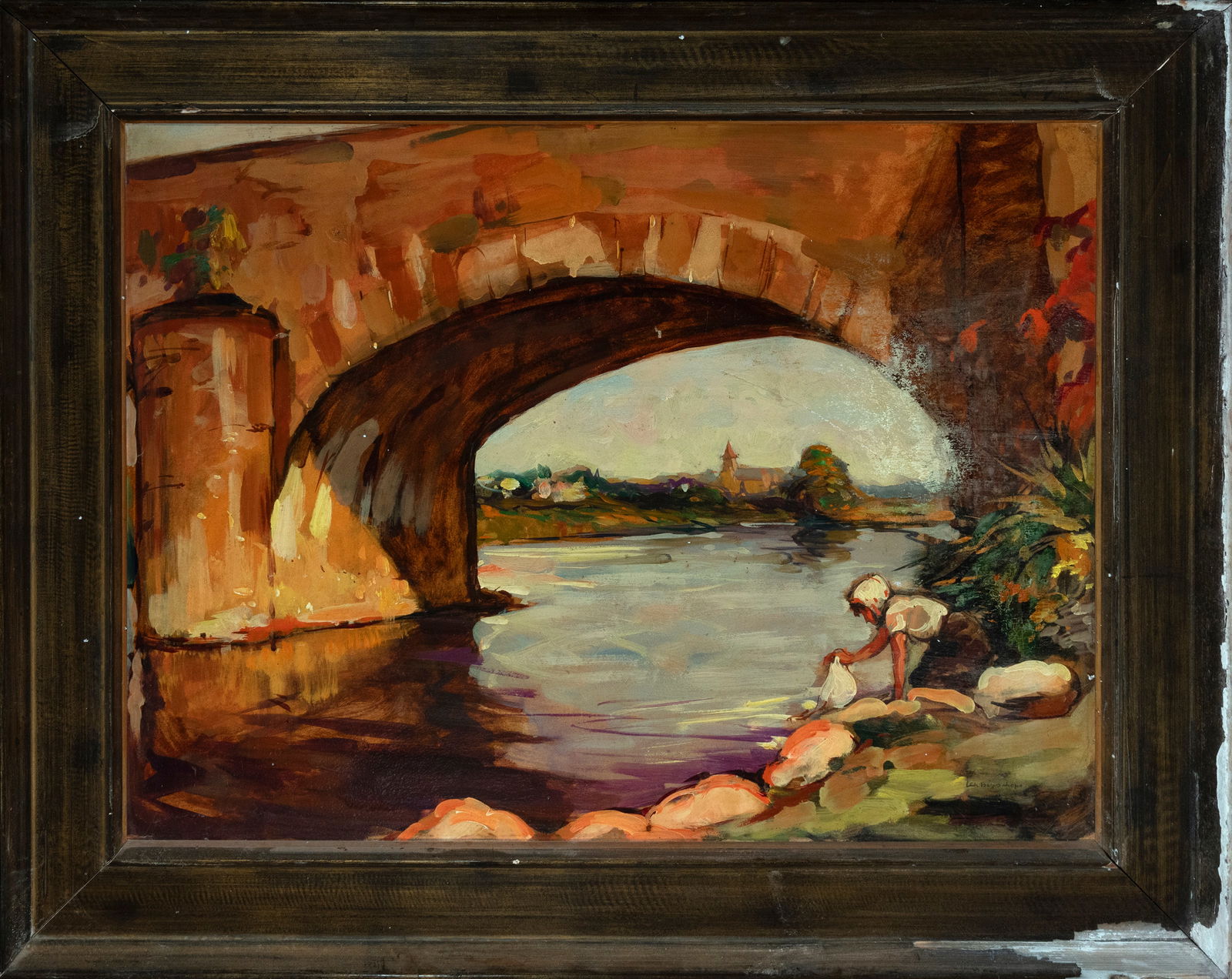 Charles BISSCHOPS (Liège 1894-1975) - Washerwoman on the river: Oil on cardboard Measurements: 66 x 84 cm. Lower right corner