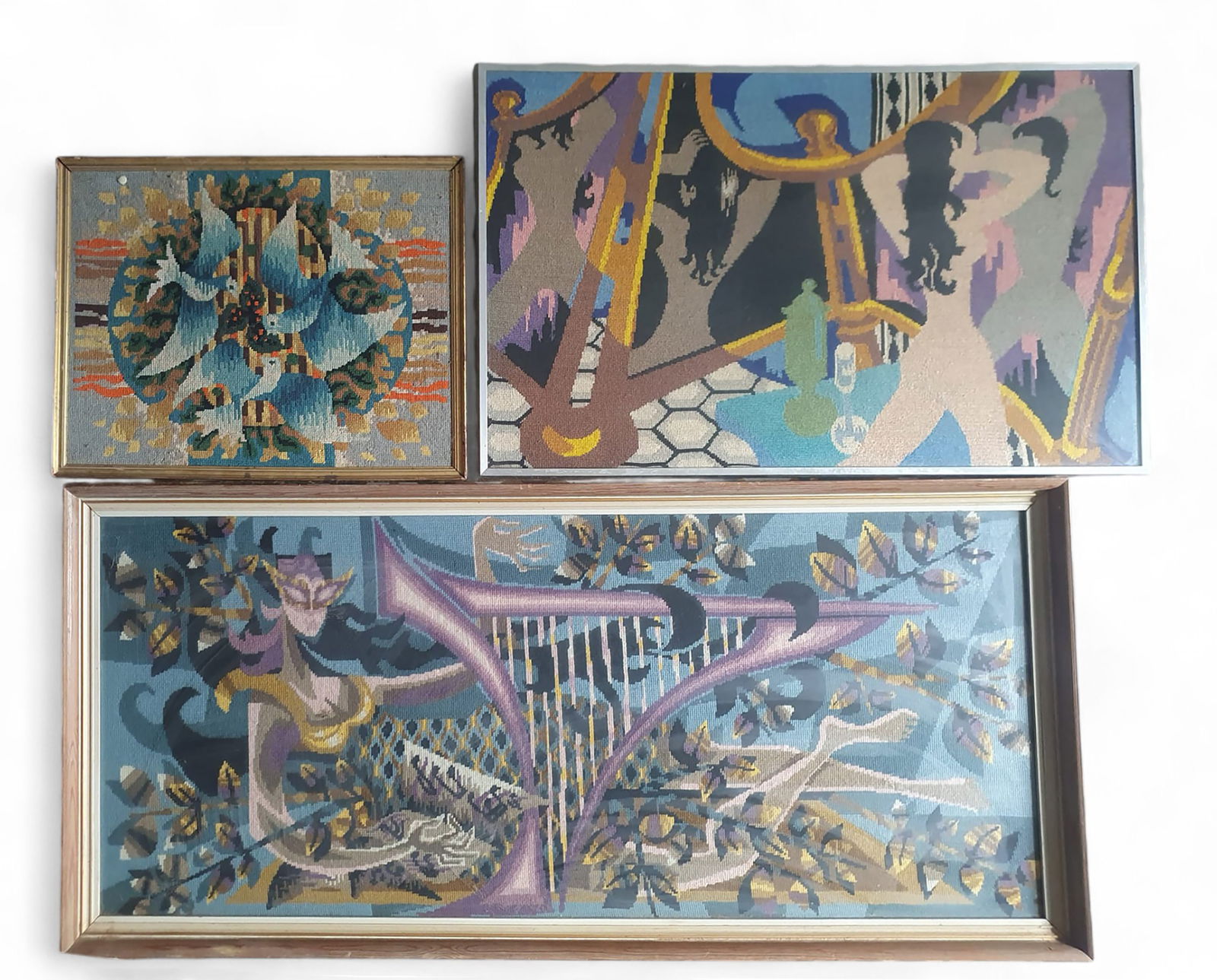 3 cross-stitch embroideries in the style of Jean Lurcat (1 of 5)