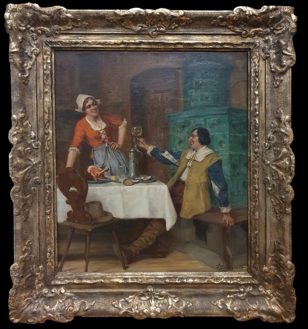 Romanian Tavern Scene by Victor Schivert (Romania, October 8, 1863, Munich, Germany, 1929). Romanian (1 of 2)