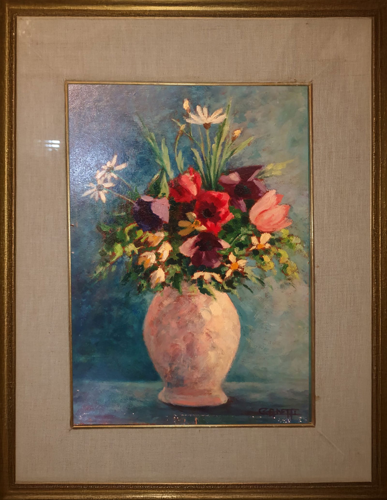 Italian vase with flowers, Canetti, signed, 20th century, Italian school (1 of 3)