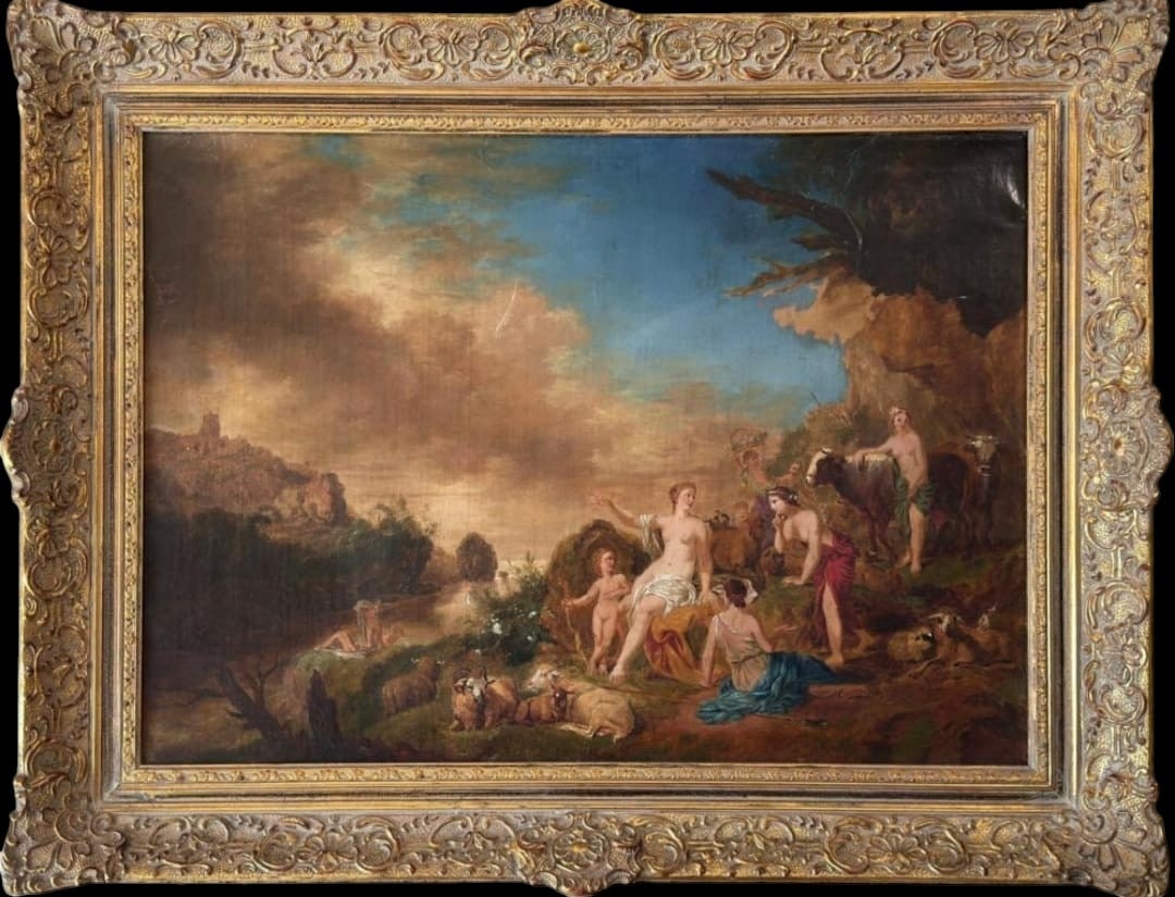 The Bath of Venus, a beautiful oil on canvas painting from the French Rococo school by Jean Honoré: Canvas dimensions: 53x73cm, framed dimensions: 72x91cm
