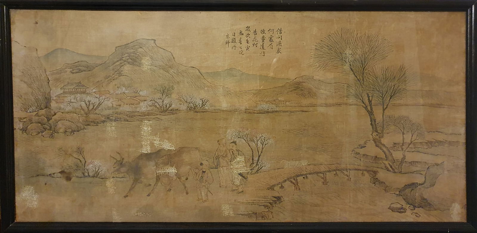 Chinese Qing silk and ink embroidery, Qing, 19th century, Artist: Meng Gui: With a poem referring to spring and the blossoming of peach trees. Dimensions: 83.5 x 43.5 cm.