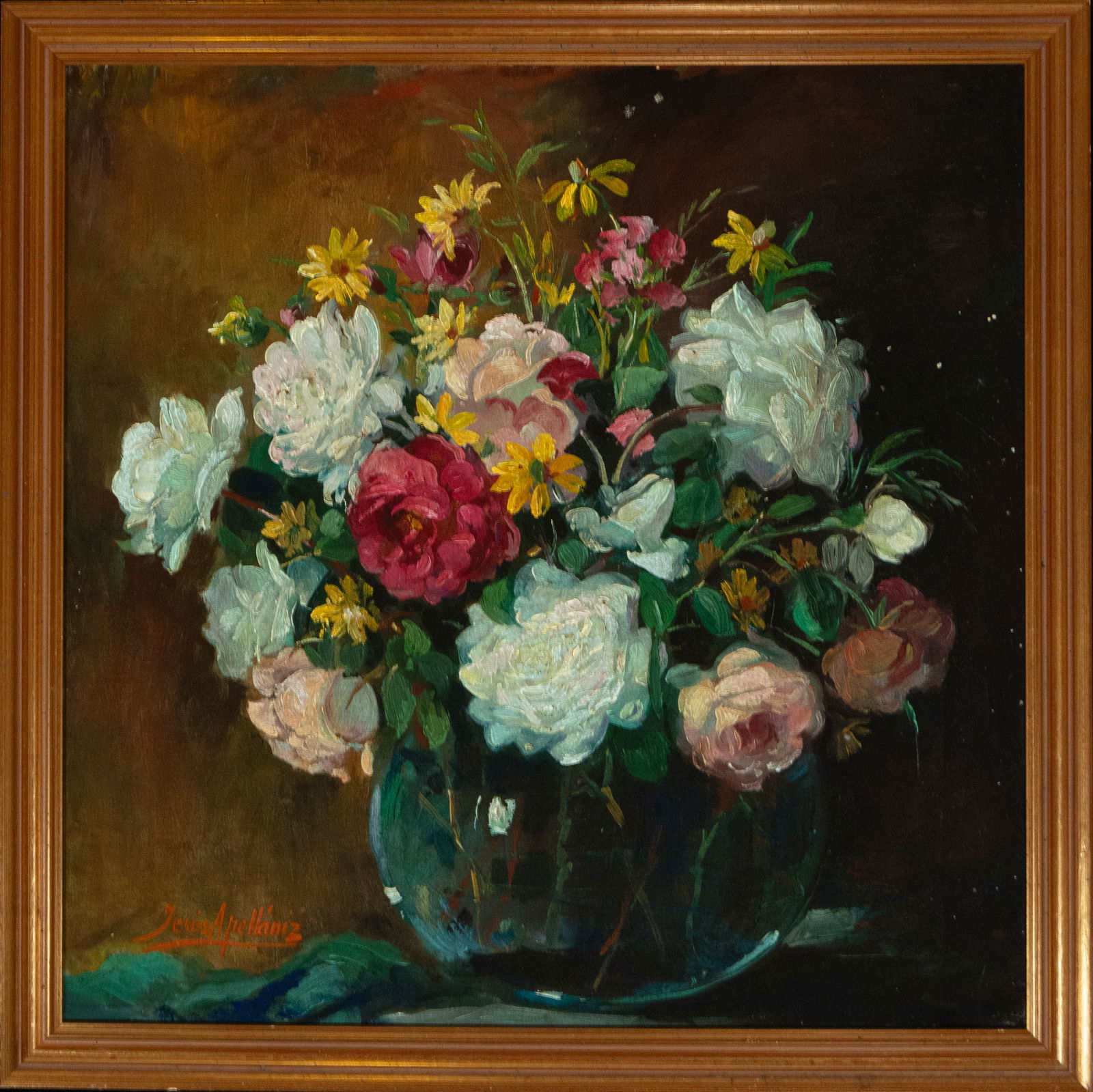 Oil painting on canvas, still life, vase of flowers, 20th century: Measurements: 54cm x 54cm, 60cm x 59cm