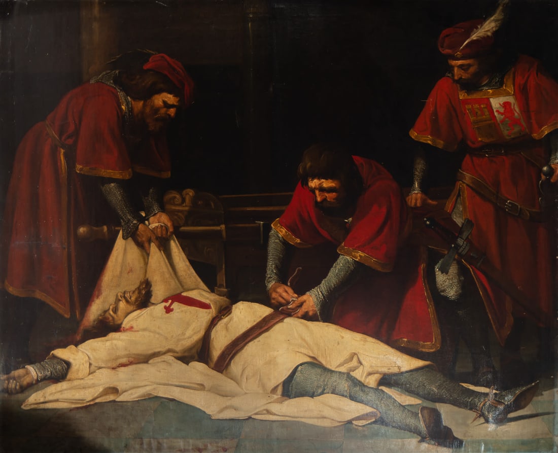 The Death of the Duke of Alba, Spanish school of the XIX - XX centuries, signed Rodríguez Losada: Oil on canvas, 170 x 208 cm