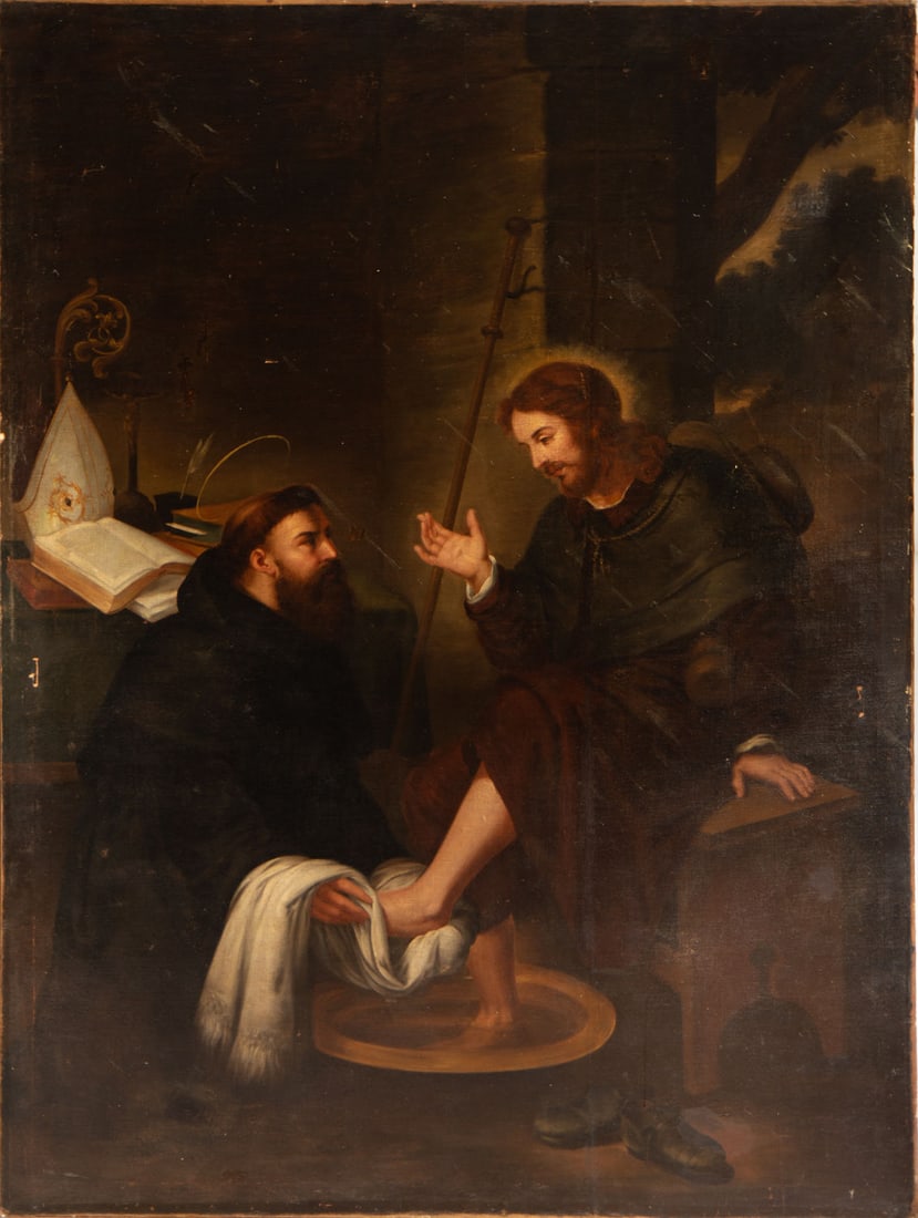 Saint Augustine washing the feet of Jesus, Italian school of the XVII - XVIII century: Oil on canvas, 183 x 136 cm (illegible signature)
