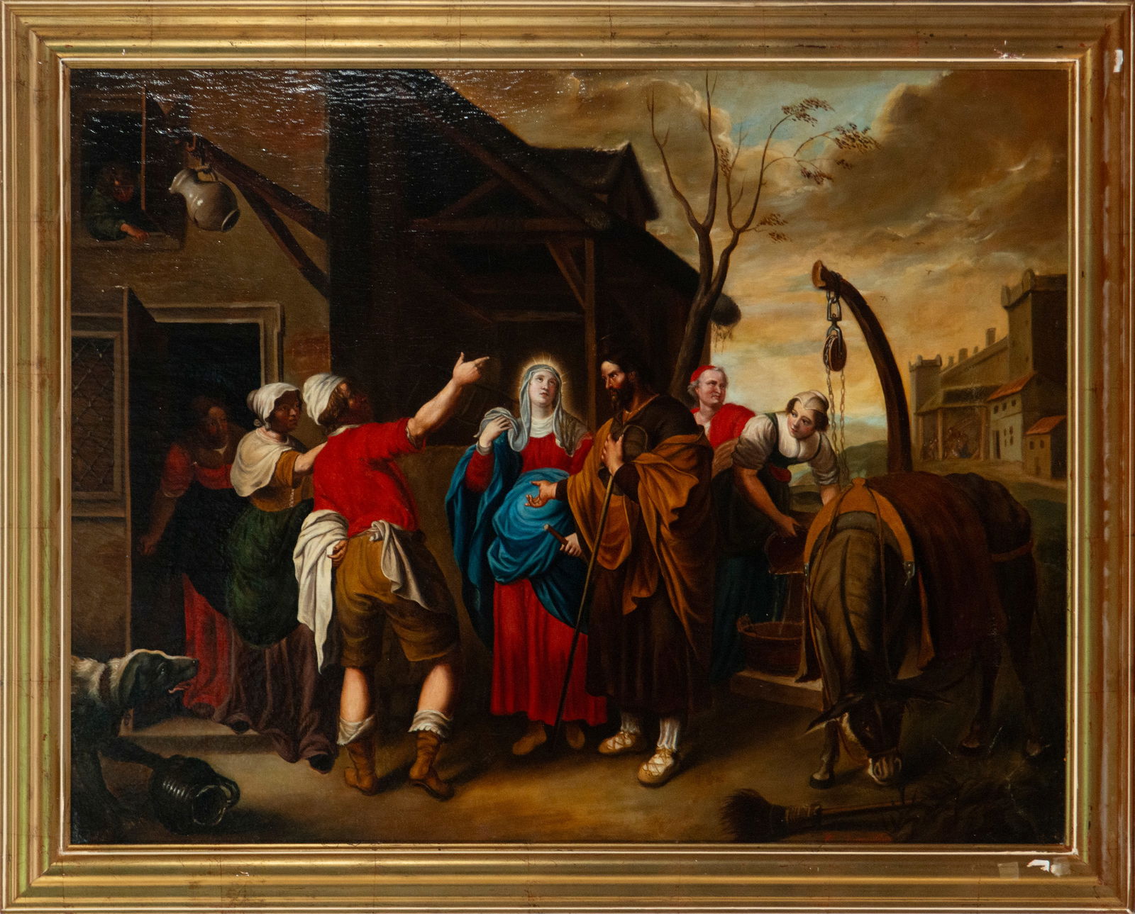 Saint Joseph and the Virgin Mary asking for shelter in Bethlehem. Spanish School. 17th century.: Oil on canvas. Dimensions: 104 x 80 cm; framed: 117 x 94 cm. A strongly narrative scene depicting Saint Joseph and the Virgin Mary in the biblical episode of the search for lodging in Bethlehem. The c