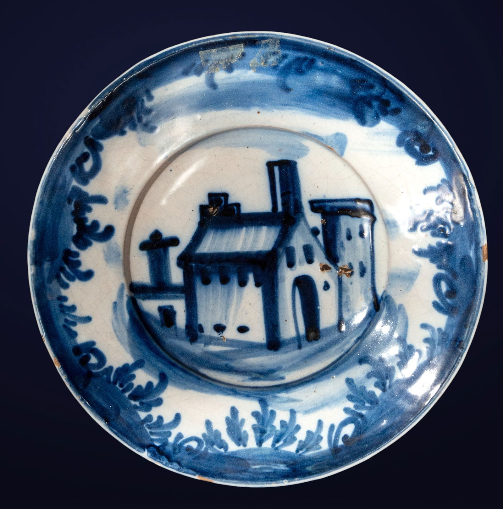 Ceramic plate with a blue church. Spanish School. 19th century. (1 of 3)