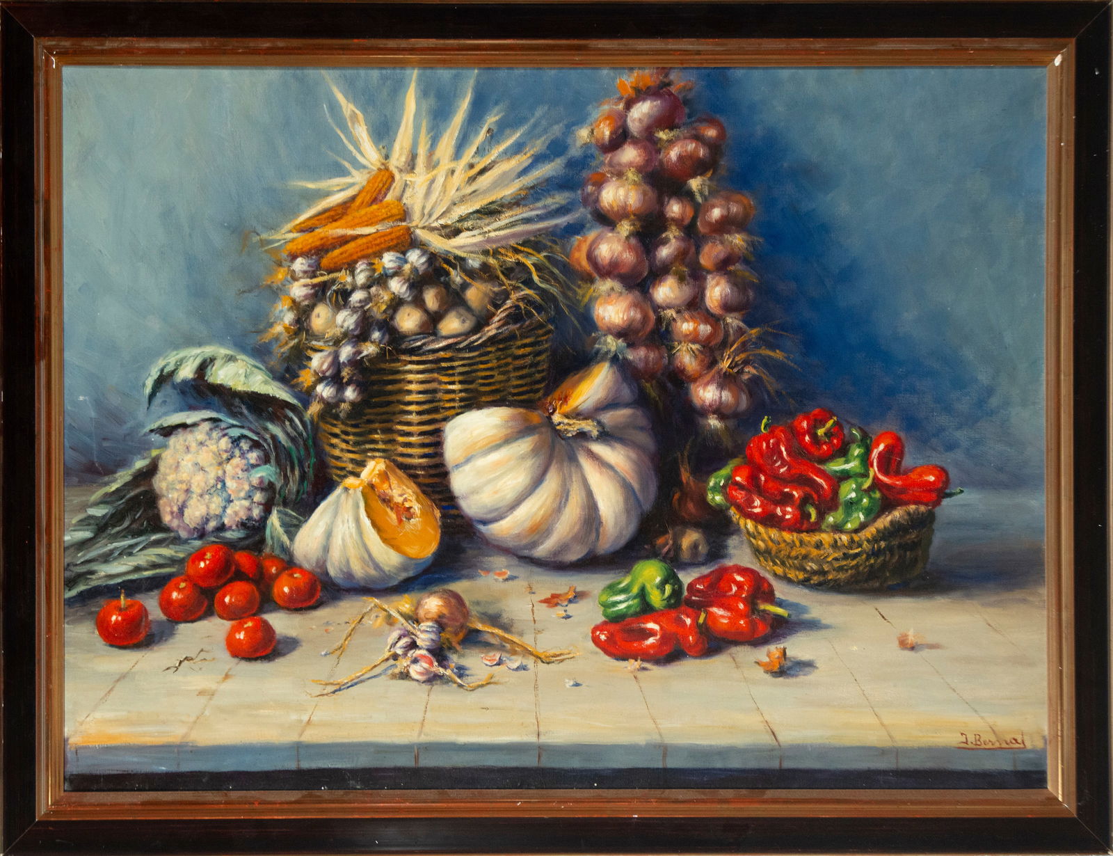Still Life with Garlic, Pumpkins, and Vegetables, signed J. Bernal. Spanish School. 20th Century: Oil on canvas. Dimensions: 130 x 96 cm. Composition on a white tile table featuring garlic, onions, corn on the cob, peppers, squash, tomatoes, and cauliflower, accompanied by wicker baskets. Saturate