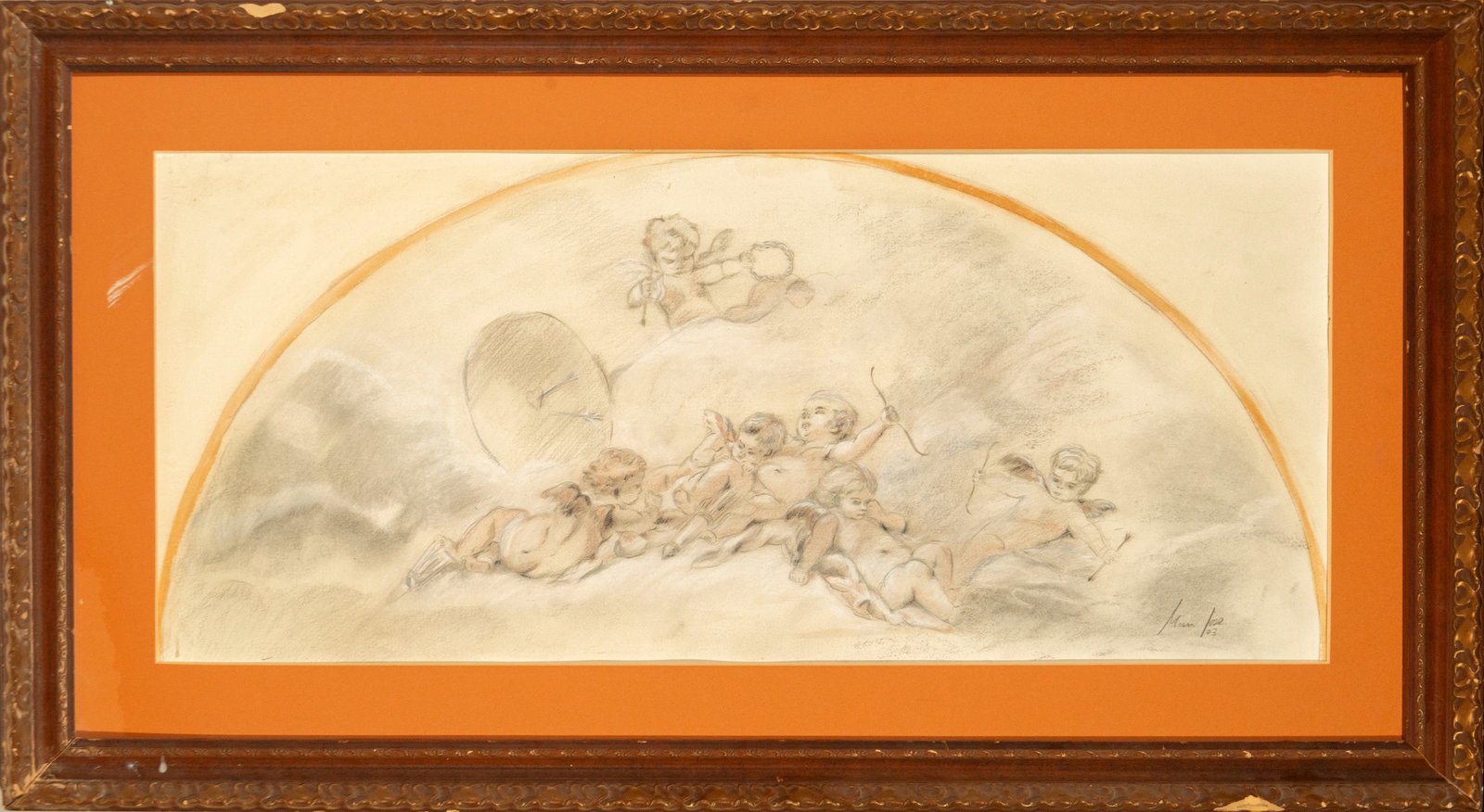 Study of cherubs for a vault. Italian School. 20th century: Pencil and watercolor drawing on paper. Dimensions: height 32 x width 72 cm. Semicircular composition depicting a group of seven cherubs on clouds, sketched with loose lines and soft modeling. Some ho
