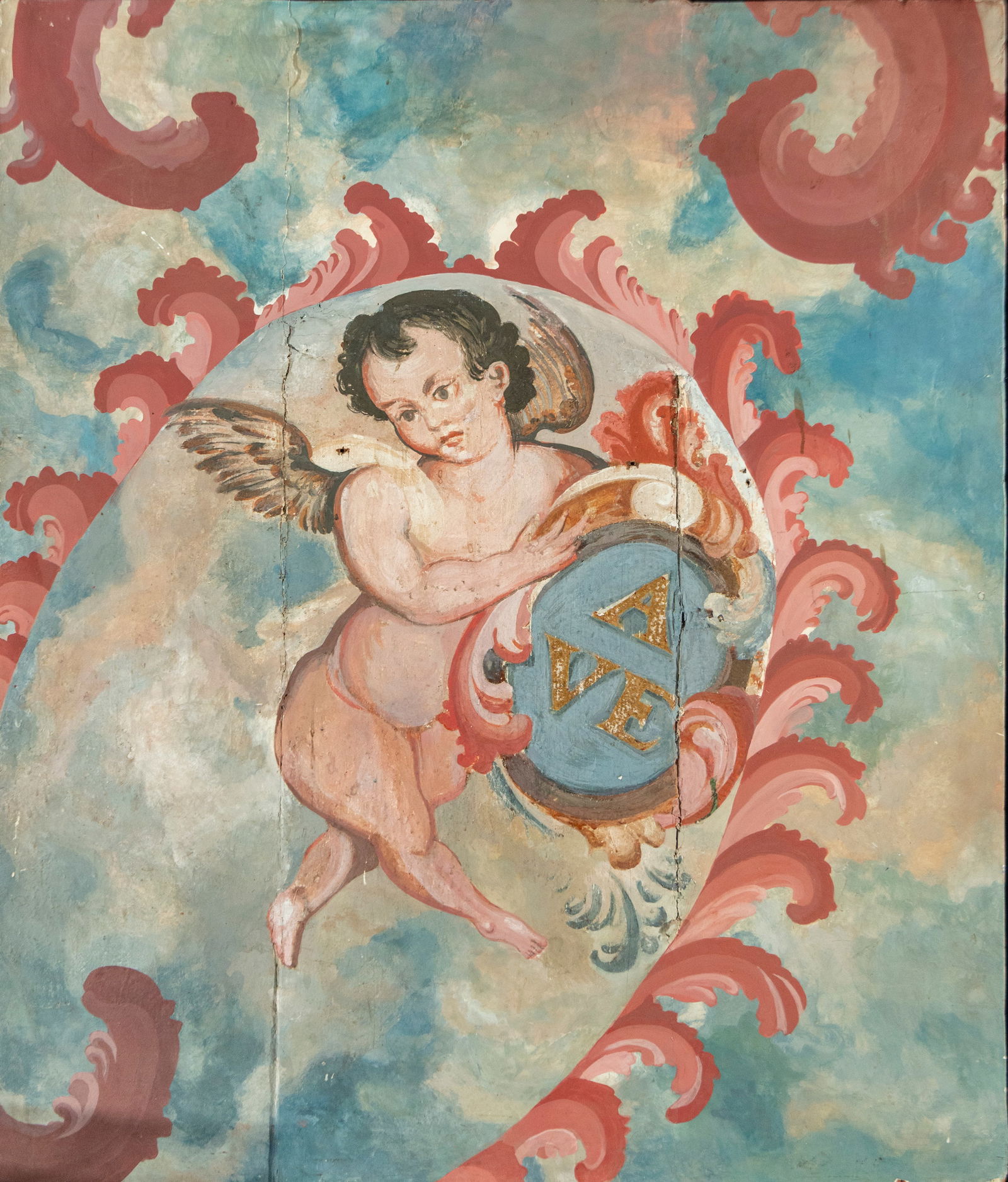 Oil on panel with Cherub, 20th century: Oil on panel. Measurements: not specified
