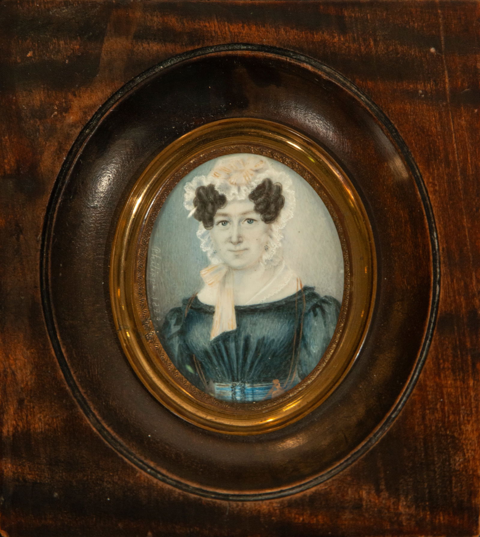 French Miniature Lady with Bonnet Signed Philippe 1828: Measurements: 7x5 – 11x10 cm