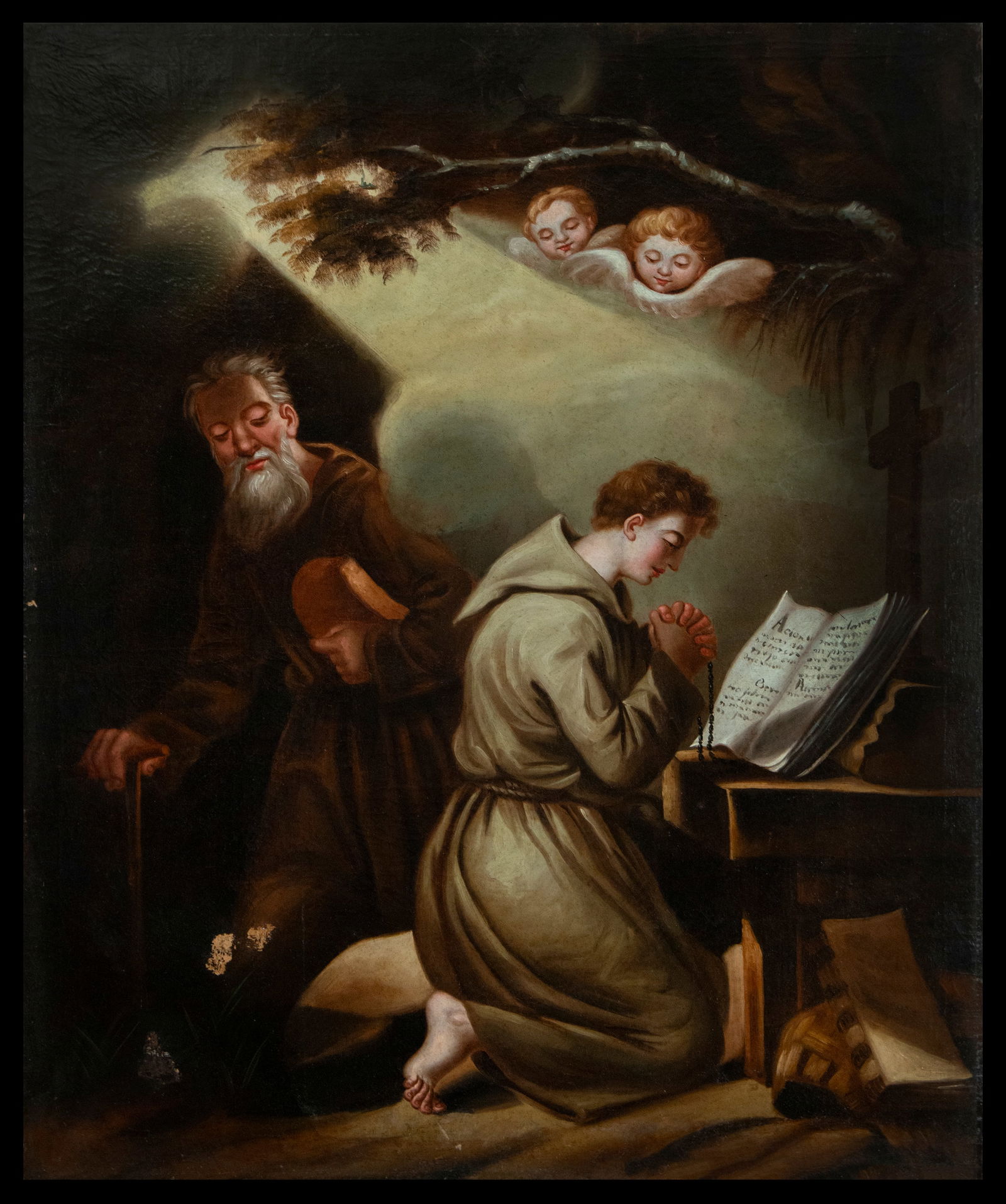 18th Century Colonial School - Biblical scene, young man praying: Oil on canvas. Dimensions: 101 x 83 cm. Devotional scene depicting a young monk in an attitude of prayer, accompanied by an old man in a mystical setting. The light emanating from the sky, where cheru