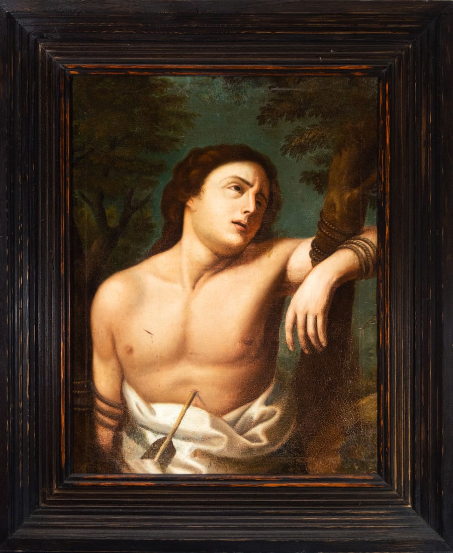 Saint Sebastian, Italian school from the second half of the 17th century, signed lower left: Illegible signature. Oil on canvas, canvas measures: 73 x 56 cm. Framed: 97 x 78 cm