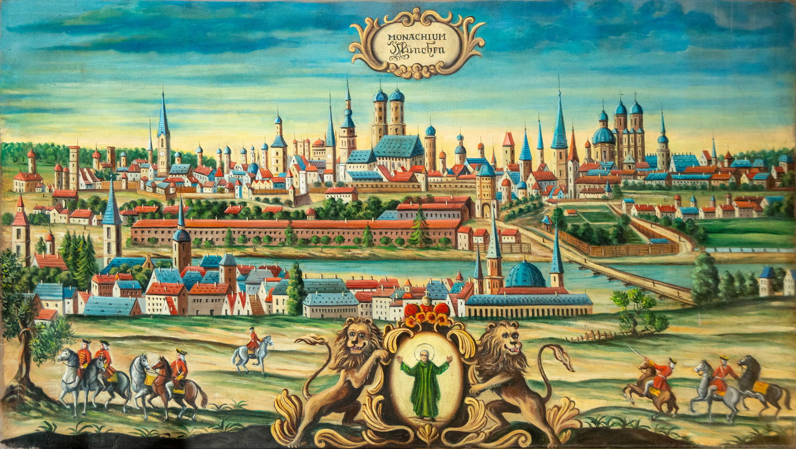 Panoramic view of Munich. German School. 19th century: Oil on canvas. Imposing urban view of the city of Munich, presented in elevated perspective with meticulous architectural detail. In the foreground, horsemen escort the coat of arms with two lions and