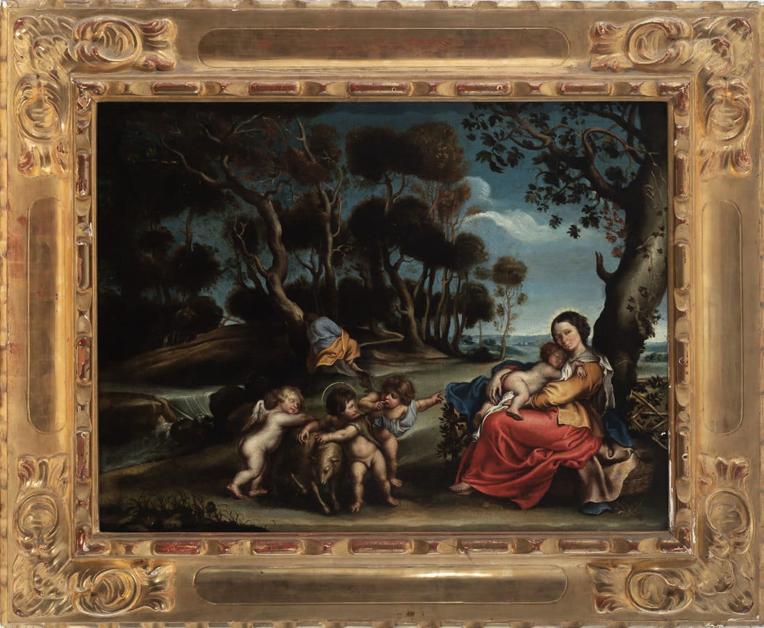 Flemish school, 17th century. Follower of Peter Paul Rubens. Rest on the flight into Egypt. (1 of 3)