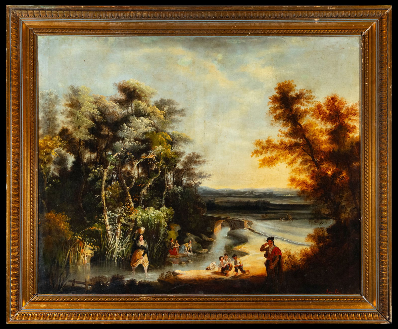 German School - Landscape with Stream - 18th Century: Oil on canvas, total measurements: 121 x 100 cm. 18th century represents a quiet stream surrounded by lush vegetation. The technique used is oil on canvas, with a color palette that captures the seren