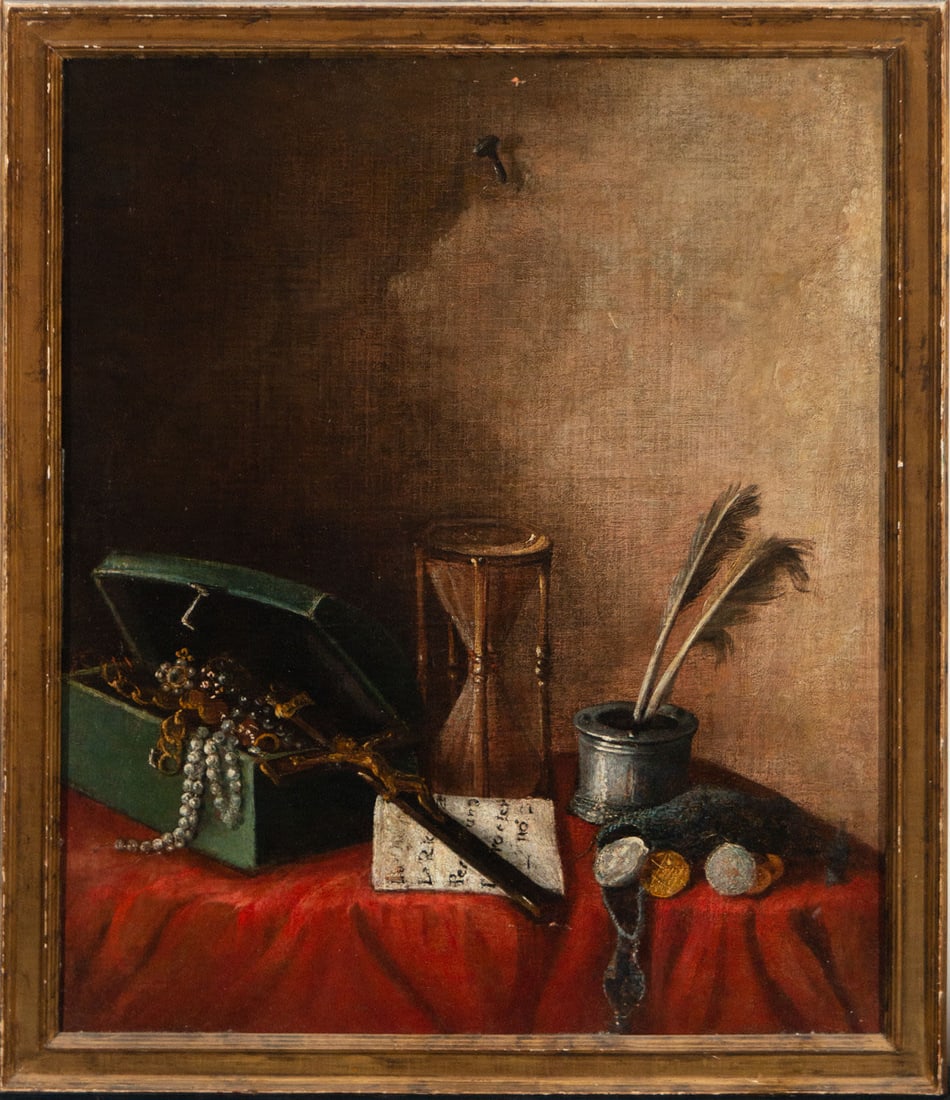 Still Life with Hourglass, Chest, Crucifix, Coins and Scribe, 17th century Italian school: Oil on canvas, signed, framed measurements: 71 x 60, canvas measurements: 65 x 53