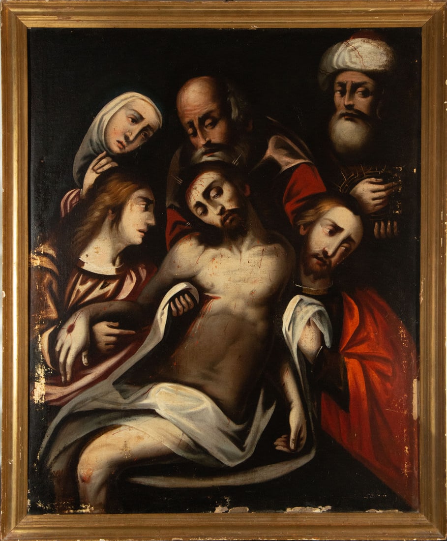 The Descent of Christ, 17th century New Spanish colonial school: Framed measures: 121 x 99, canvas measures: 111 x 90 cm
