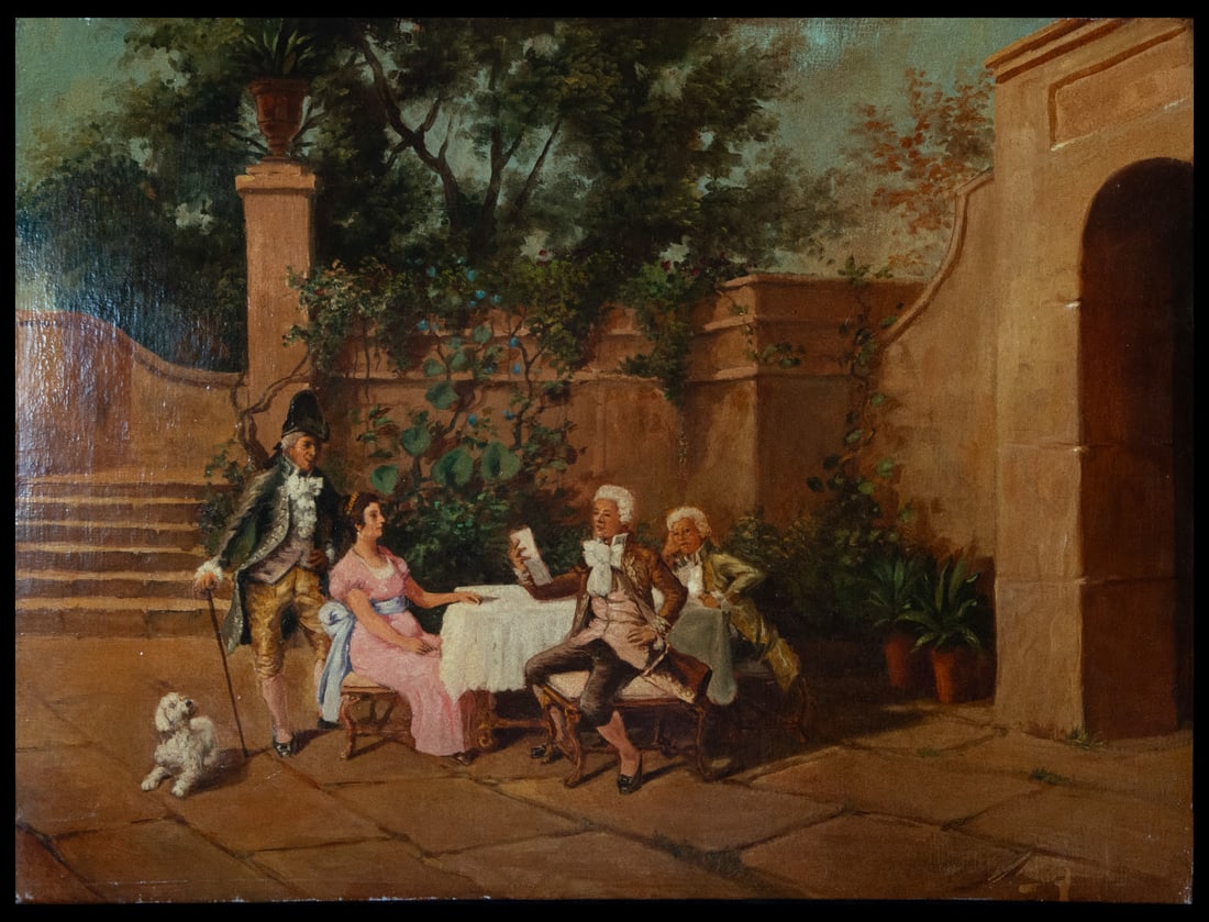 Gallant scene in the Garden, 19th century Austrian romantic school: Measurements 100 x 75 cm