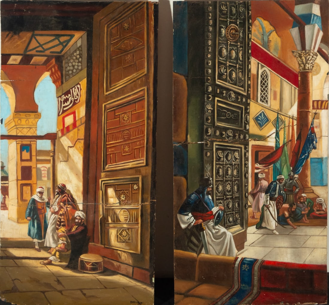 Pair of Orientalist scenes from the Souk and Interior of the Orientalist Palace, oil on panel, (1 of 5)