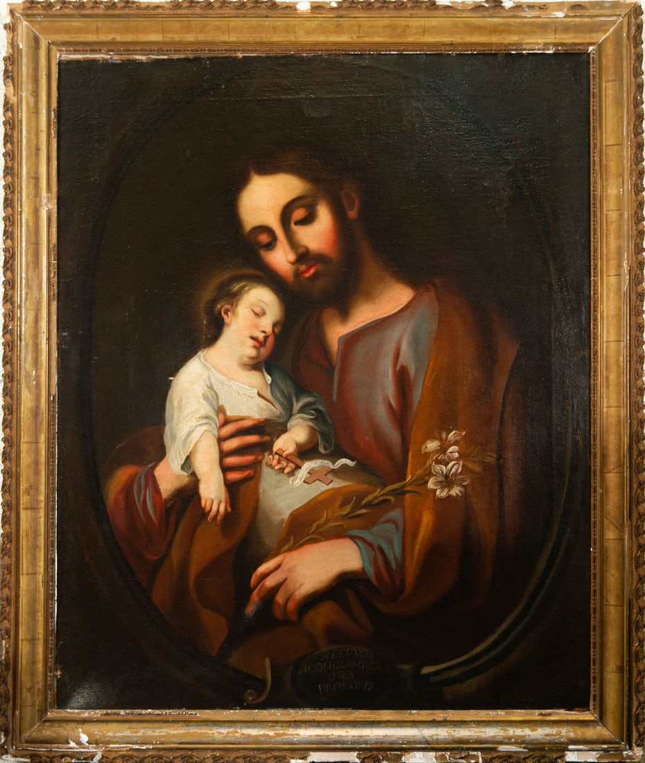 Large Saint Joseph with the Child in his arms, New Spanish colonial school of the 18th century: Oil on canvas, framed measurements: 105 x 88, canvas measurements: 93 x 75 cm