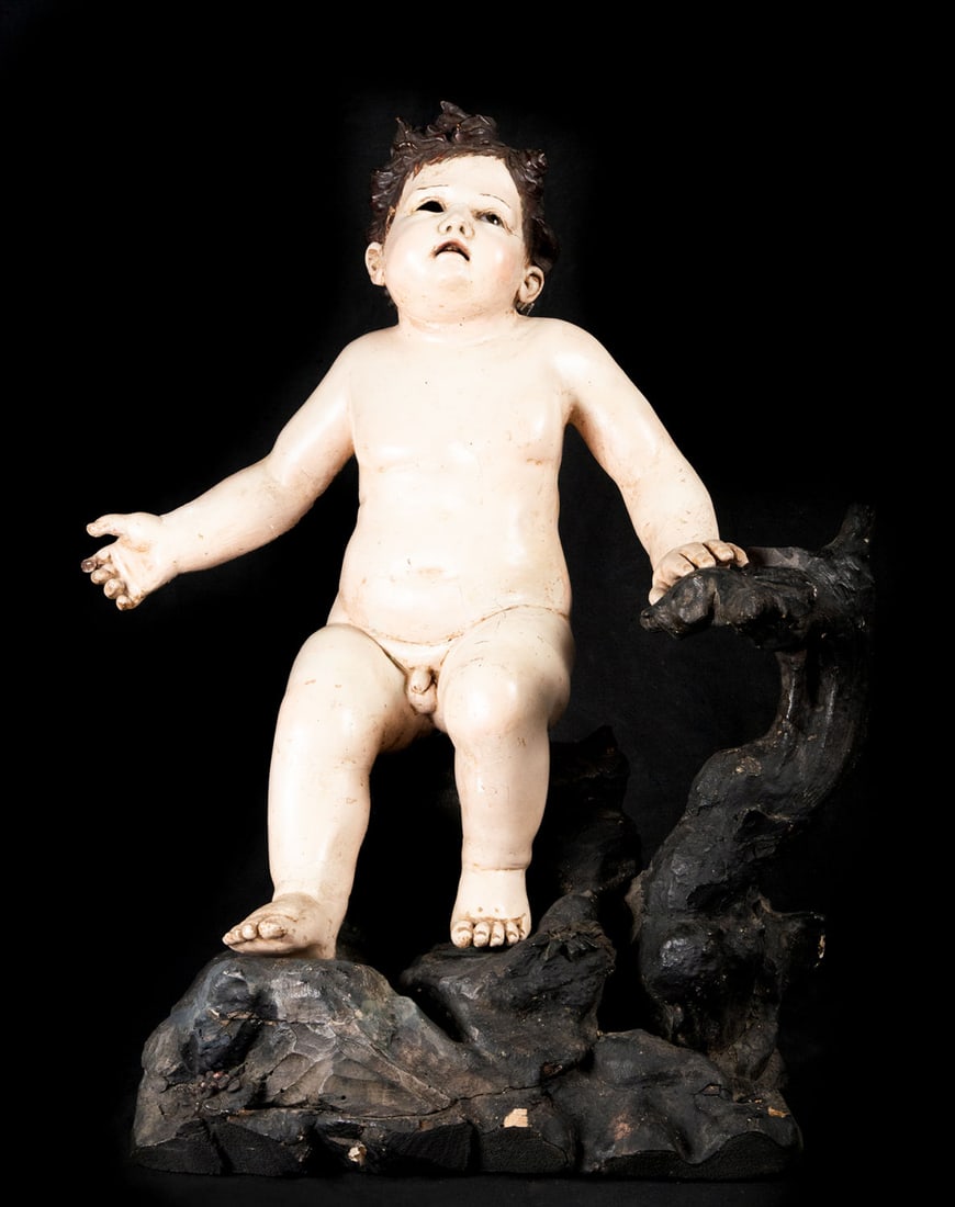 Saint John, Quito colonial school, late 17th century: In polychrome wood, the Hand Cross and the Crown of Thorns are missing. Measurements: 58 x 51 x 27 cm