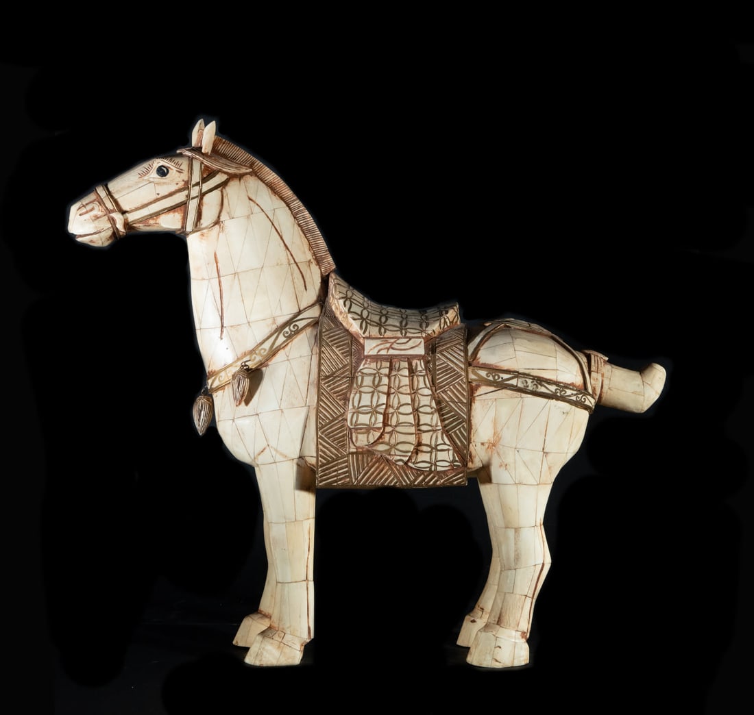 Chinese Horse in Bone, first half of the 20th century: In polychrome bone: 61 x 70 x 20 cm