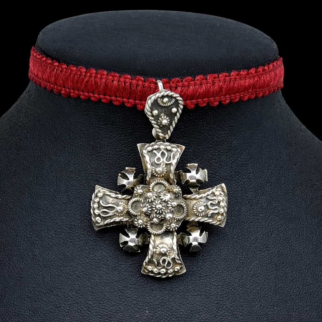Jerusalem cross pendant in silver, 20th century: Sterling silver (925), crafted using a goldsmithing technique with filigree work and applied reliefs. Measures 5.0 x 3.5 cm; weight 12 g. This pendant cross is of the type known as the Jerusalem Cross