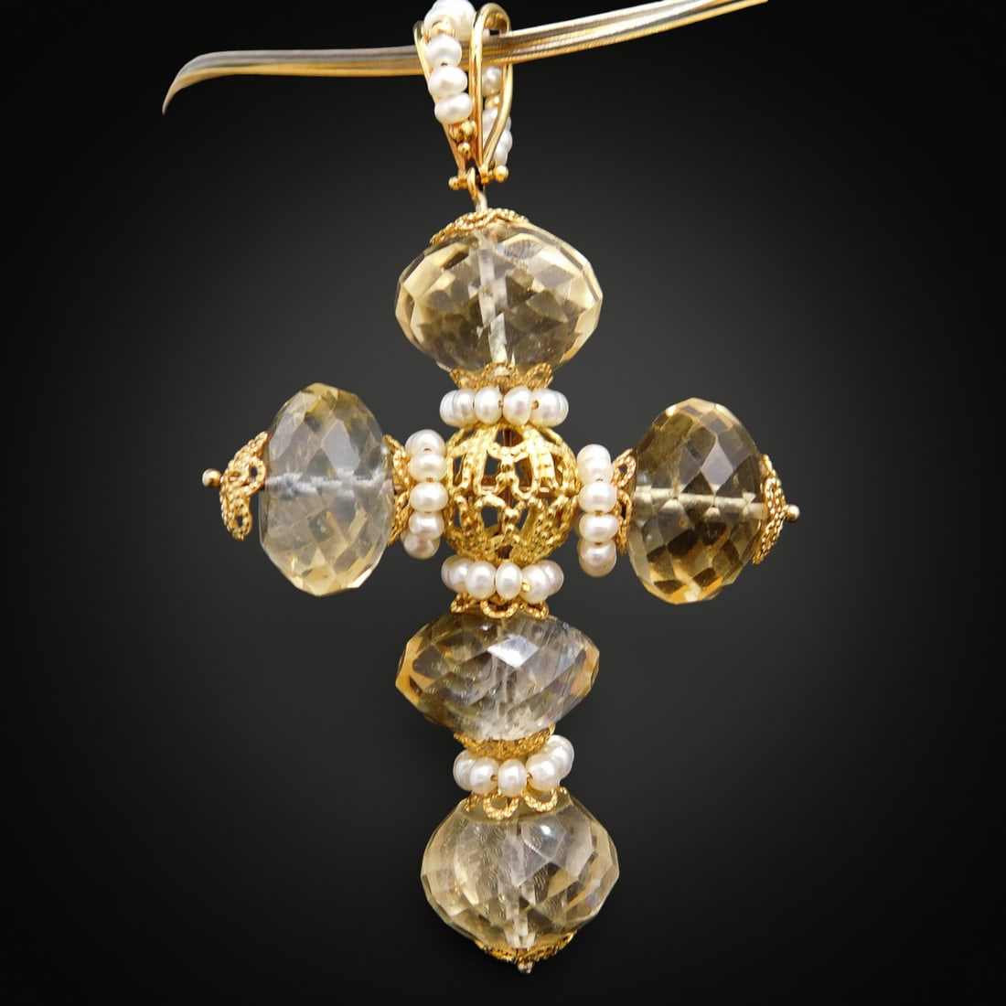 Large gold pendant cross with citrines and pearls (1 of 6)