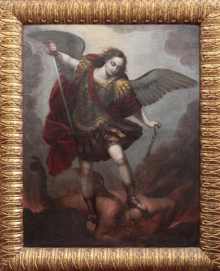 Saint Michael the Archangel. Spanish School, 17th Century: Oil on canvas. Measurements 104 x 82 cm. The composition depicts the Archangel Saint Michael in a triumphant attitude, descending with pronounced dynamism over the defeated demonic figure lying among