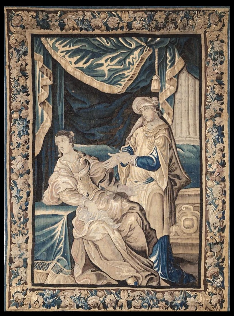 The Fortune Teller. Aubusson Tapestry, 18th Century: Wool and silk tapestry. Measurements 264 x 198 cm. The composition presents a galant and narrative scene in which two figures engage in dialogue within a theatrical interior, conceived as a staged set