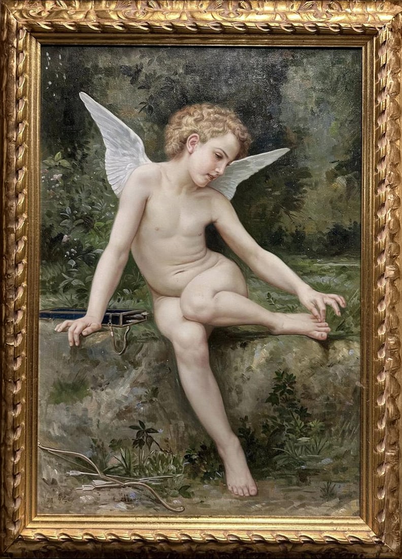 Cupid. French School, 20th Century, signed: Oil on canvas. Measurements 90 x 60 cm. The painting depicts Cupid as a youthful winged figure with delicate anatomy and harmonious proportions, seated informally on a stone ledge within an intimate a
